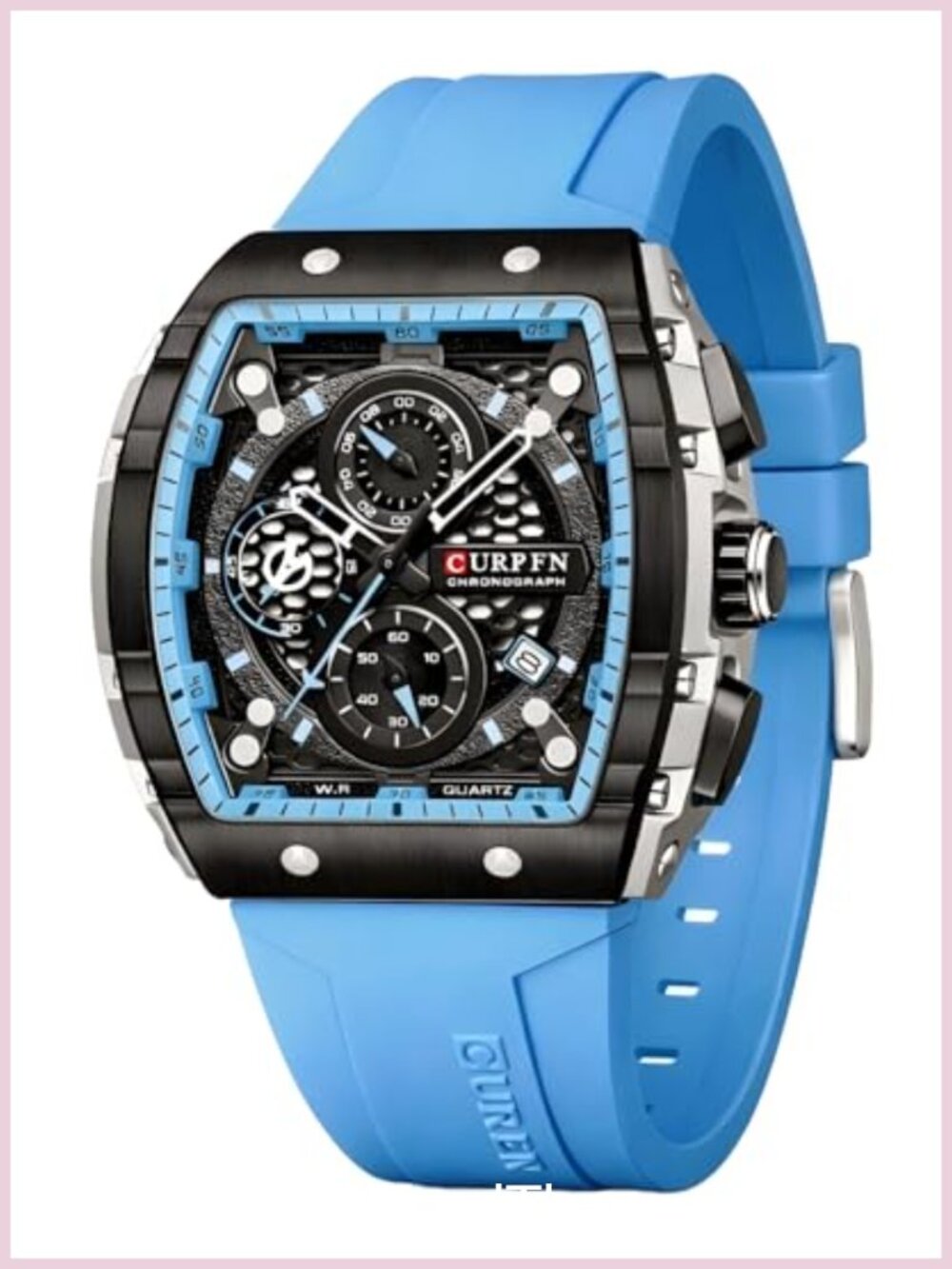 Men's Chronograph Watch Big Face Tonneau Case Rubber Strap